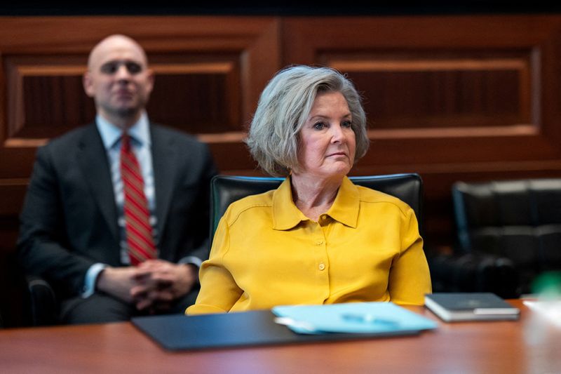 FILE PHOTO: Chief of Staff Susie Wiles and Deputy Chief of Staff James Blair attend a meeting in the Situation Room of the White House, in Washington, D.C., U.S., June 21, 2025. Portions of this photo have been blurred for security purposes. The White House/Daniel Torok/Handout via REUTERS/File Photo