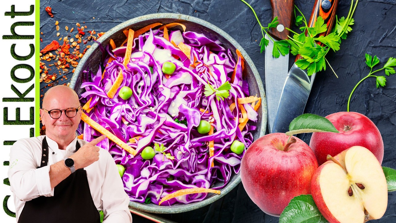 Rotkohlsalat mit Apfel einfach selber machen. Gut und günstig. Rezept