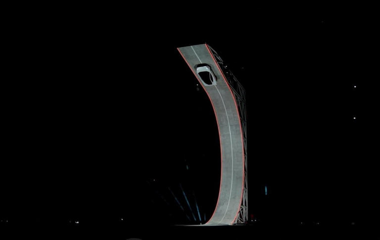 The Roadster seen upside down on a ramp during Thursday's event.
