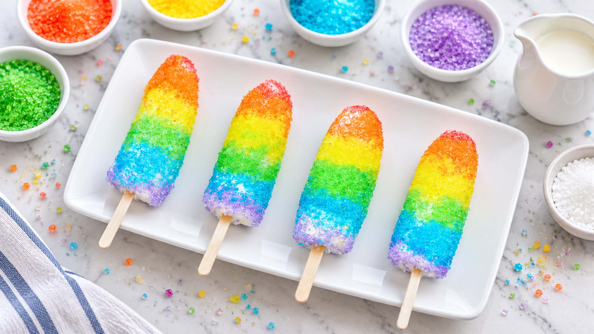 Rainbow sugar ice pops on wooden sticks