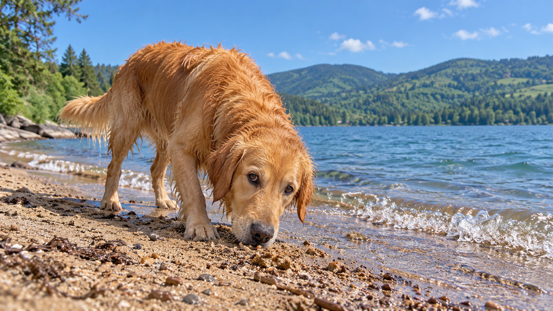 Golden retriever has a lakeside adventure