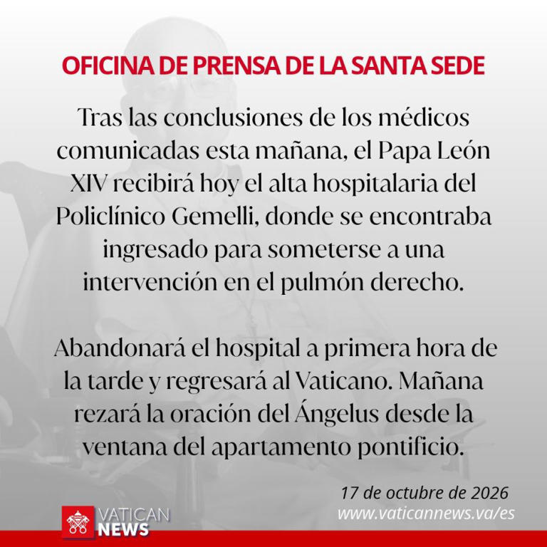 El papa León XIV recibirá el alta hospitalaria este sábado 