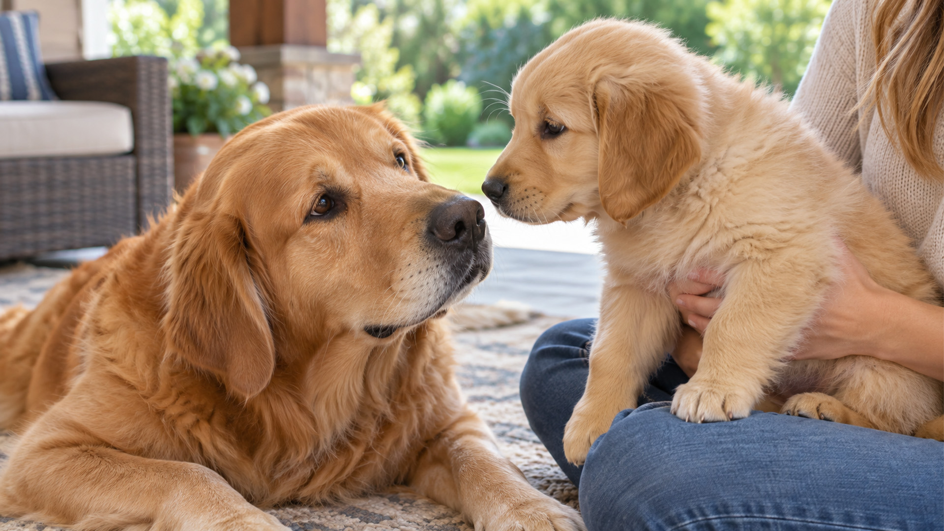 Golden retriever notices his tiny son