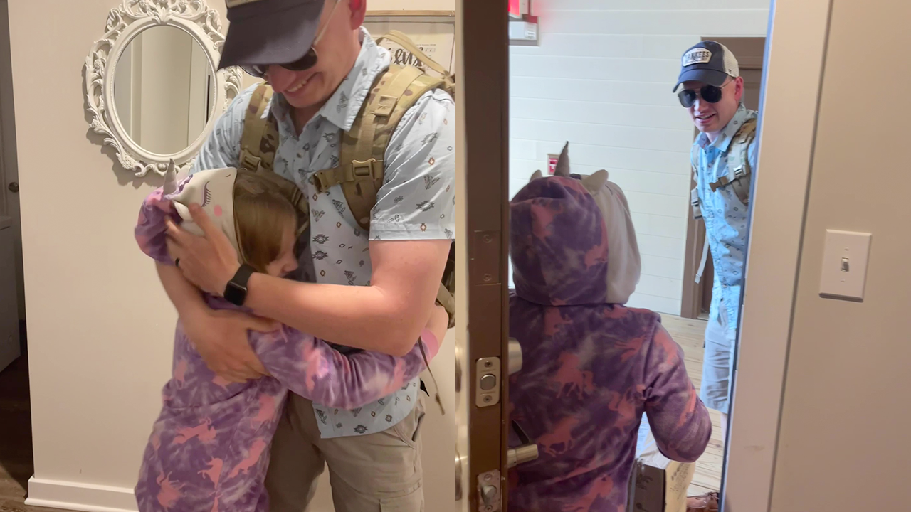 Girl's astonishment as dad surprises her with early homecoming