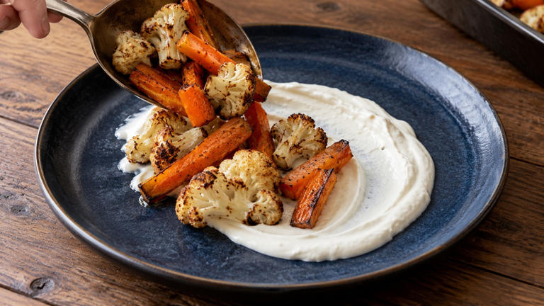 Warm vegetables, cool yogurt: a dinner built on contrasts