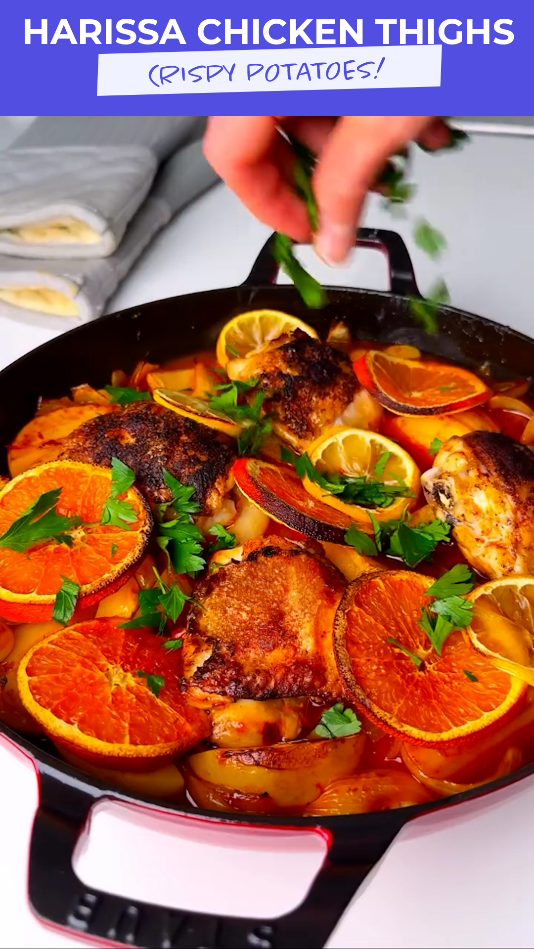 Juicy harissa chicken and golden crispy potatoes