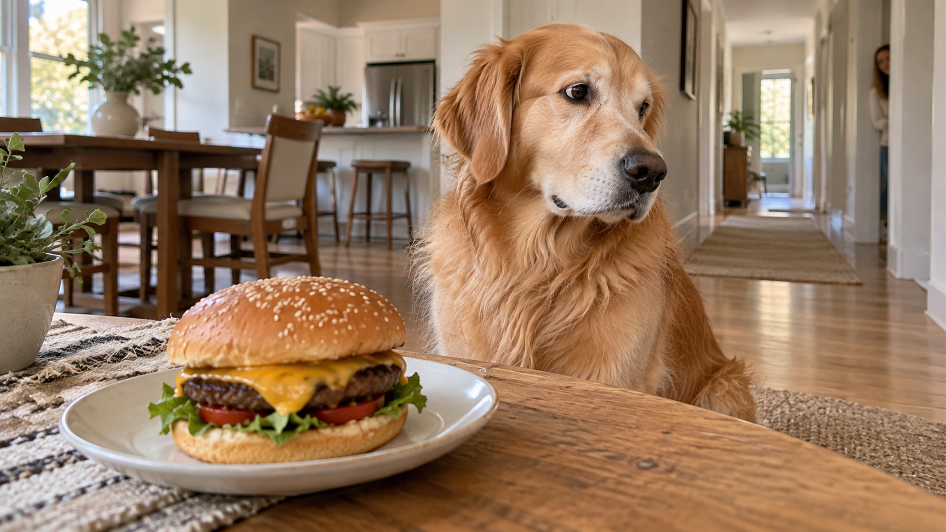 Golden retriever faces the burger challenge