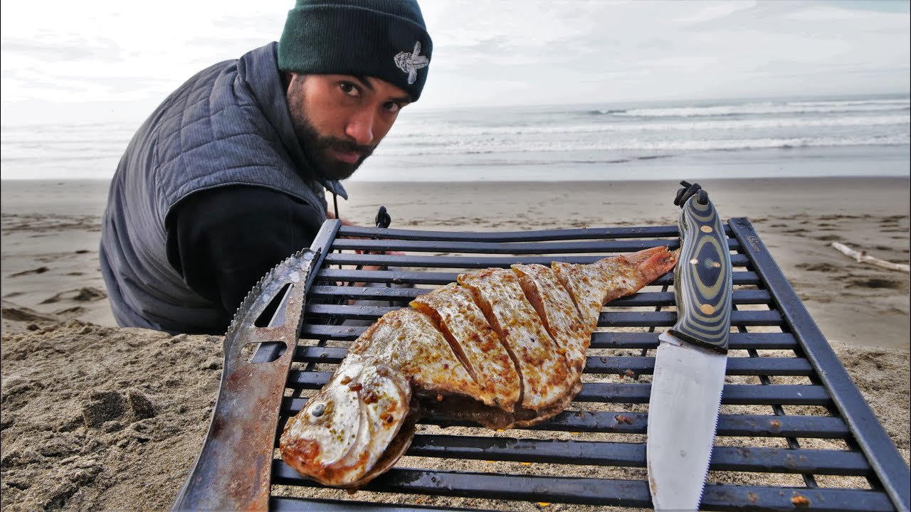 Scored, scalped and grilled on the sand w/ a roll-up grill