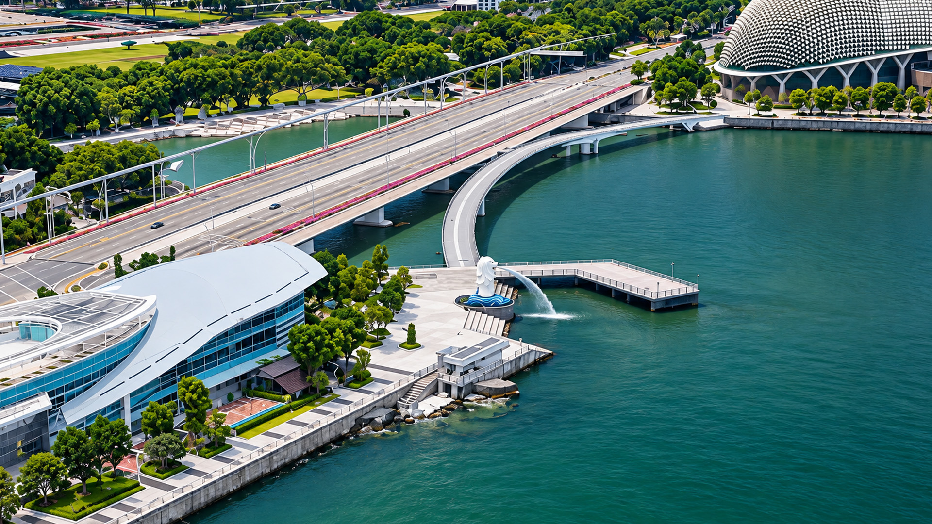 The Merlion creates a small landmark against a vast waterfront
