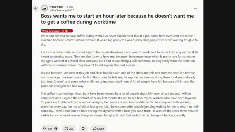 Never experienced this: Employee says boss banned coffee at work ...