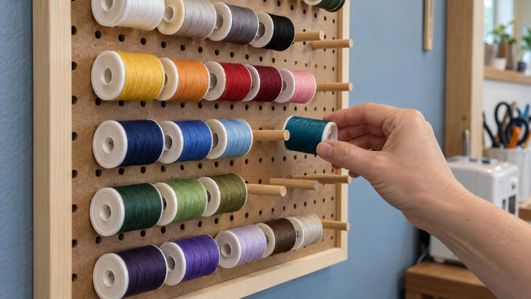 Make a pegboard thread rack that fits your spool collection