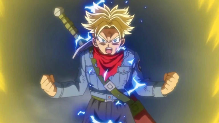 Super Saiyan 2 Future Trunks powers up in Dragon Ball Super.