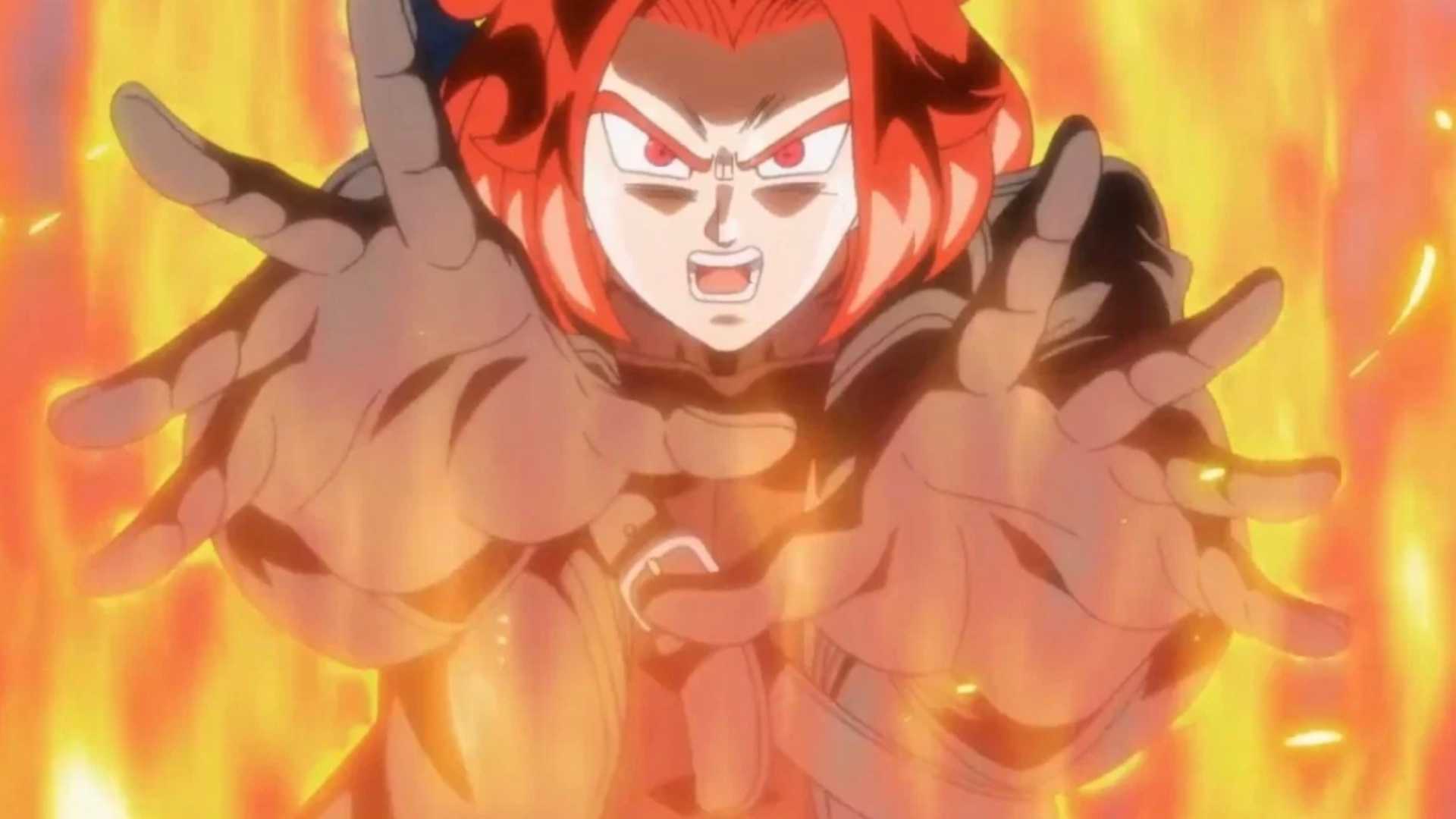 Super Saiyan God Xeno Trunks performs Burning Attack in Super Dragon Ball Heroes.