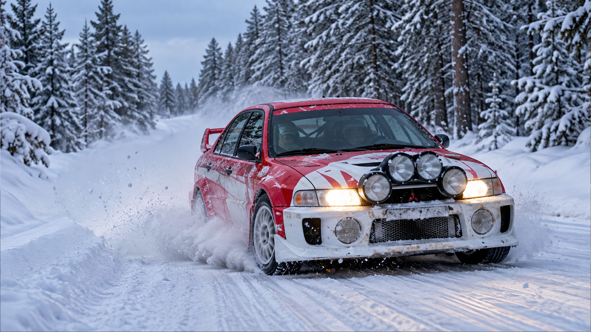 Mitsubishi Evo 5 RS goes full send on snowy backroads