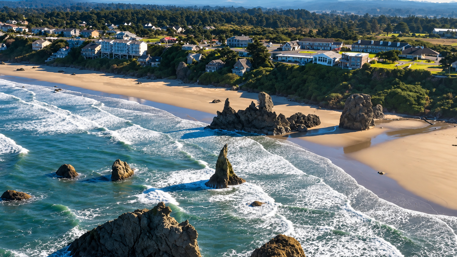 A coastal town behind Oregon's towering ocean rocks