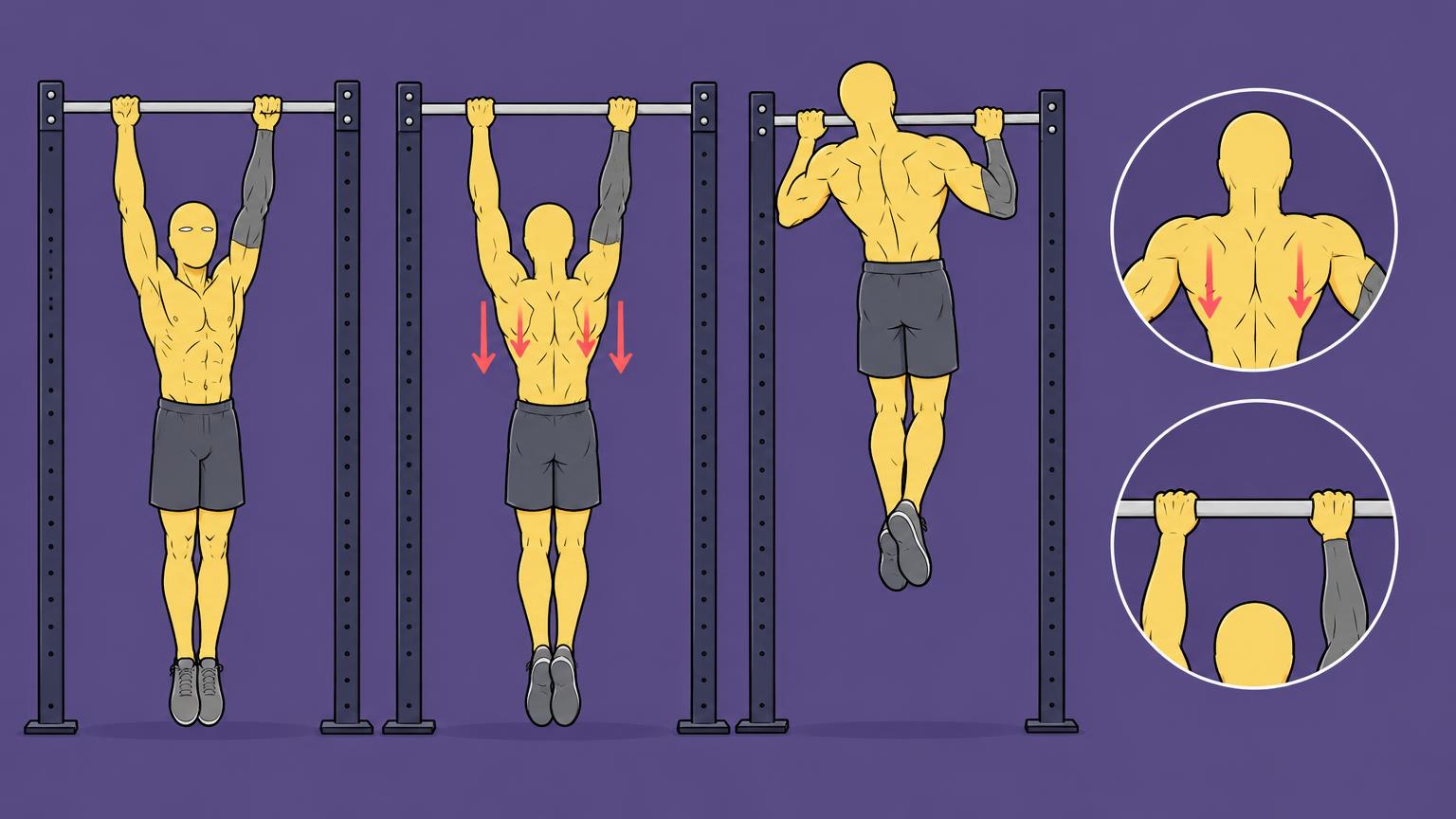 Pull-up form starts with a full hang and a shoulder-blade pull
