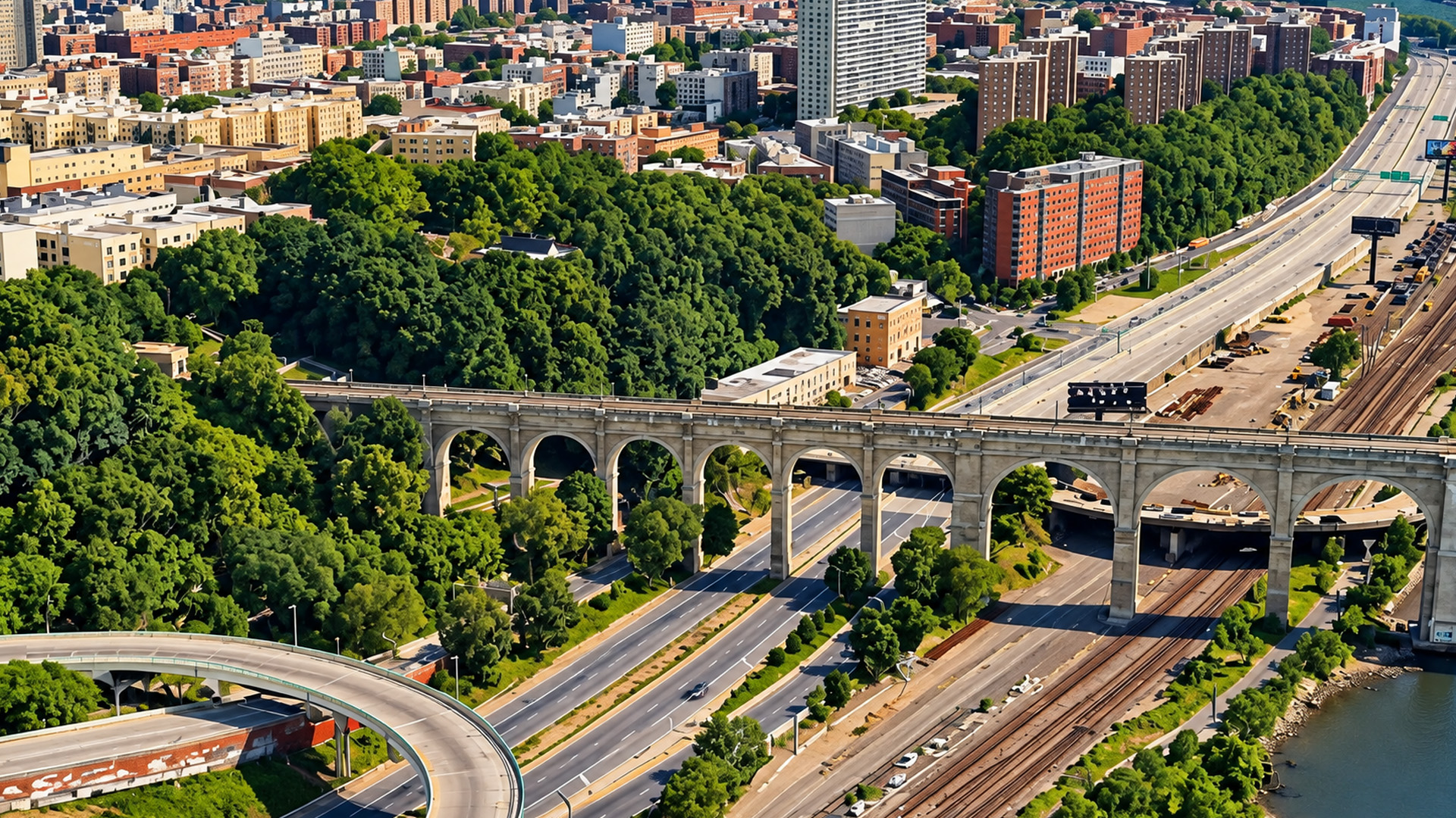The high bridge arches across one of New York City's busiest corridors