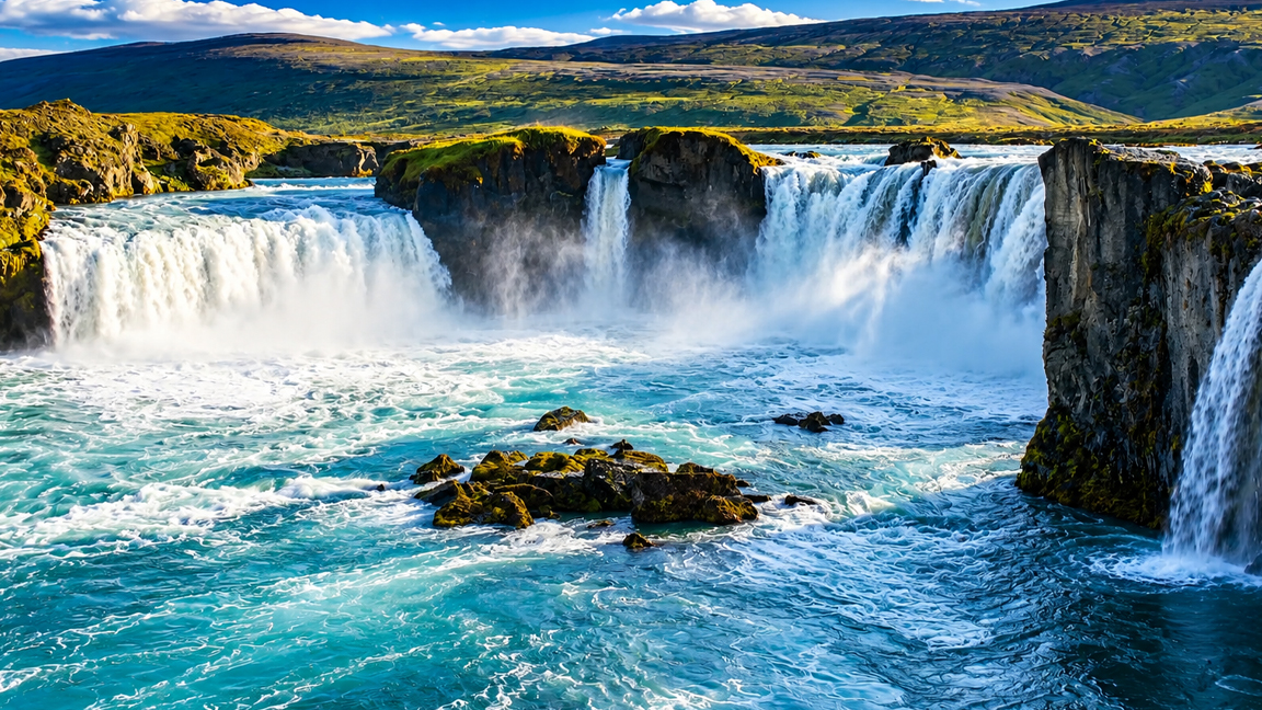 Powerful glacial waters rushing over Iceland's ancient volcanic rocks