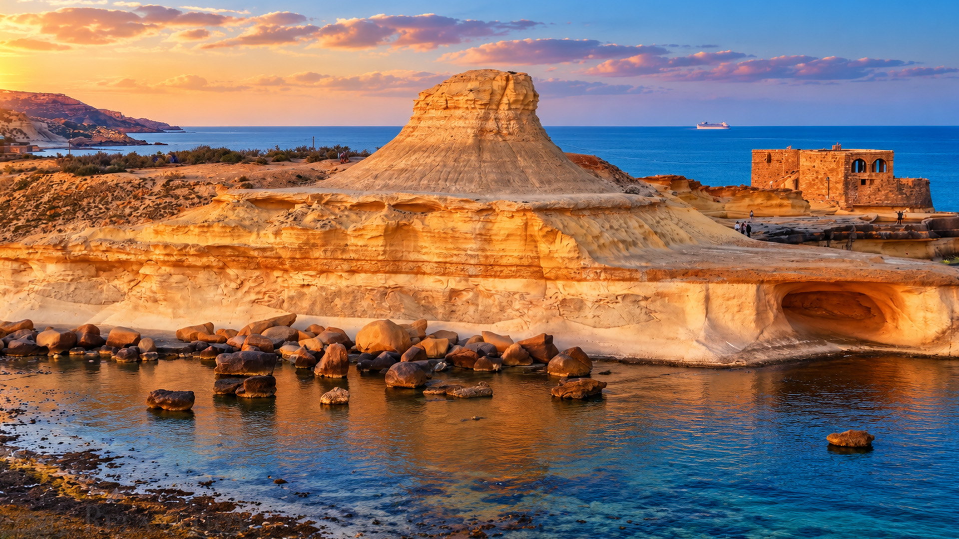 A mushroom-shaped rock overlooking the Mediterranean Sea
