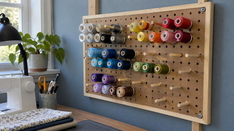 Make a pegboard thread rack that fits your spool collection