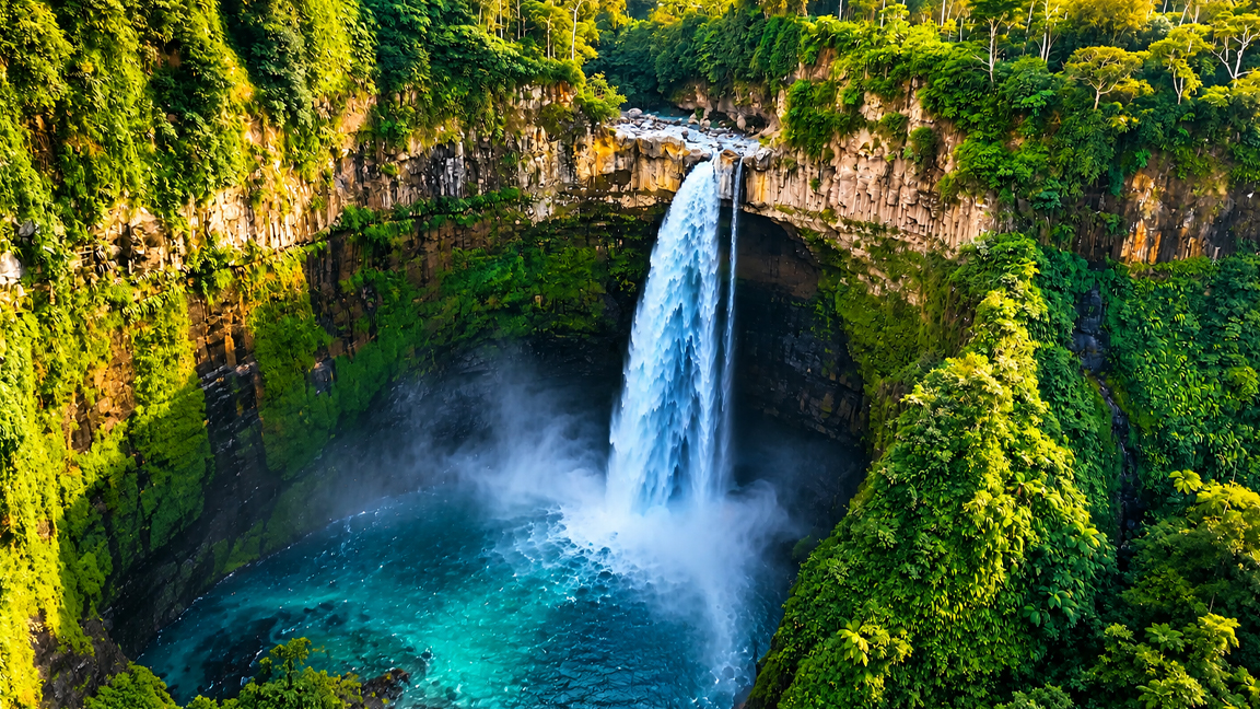 Hidden tropical paradise with a magnificent waterfall and emerald cliffs