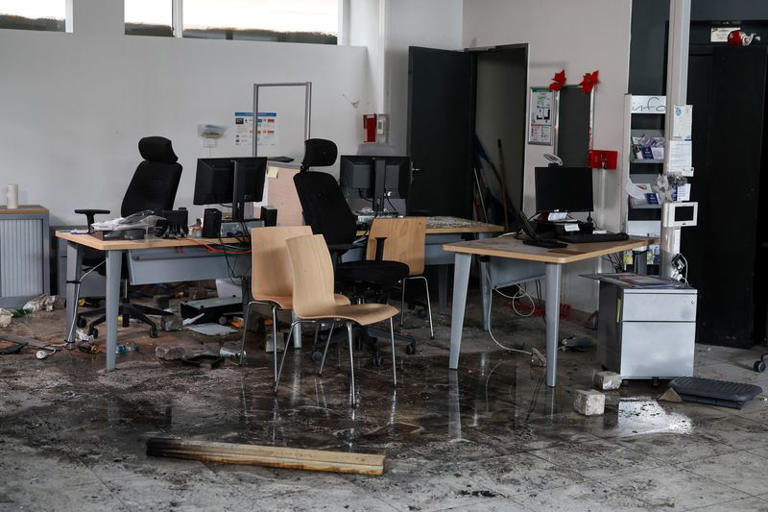 A view inside the municipal police premises, which were vandalized, the day after clashes during a national day of demonstrations against the cost of living and rising fuel prices, in Marseille, France, October 18, 2026. REUTERS/Manon Cruz