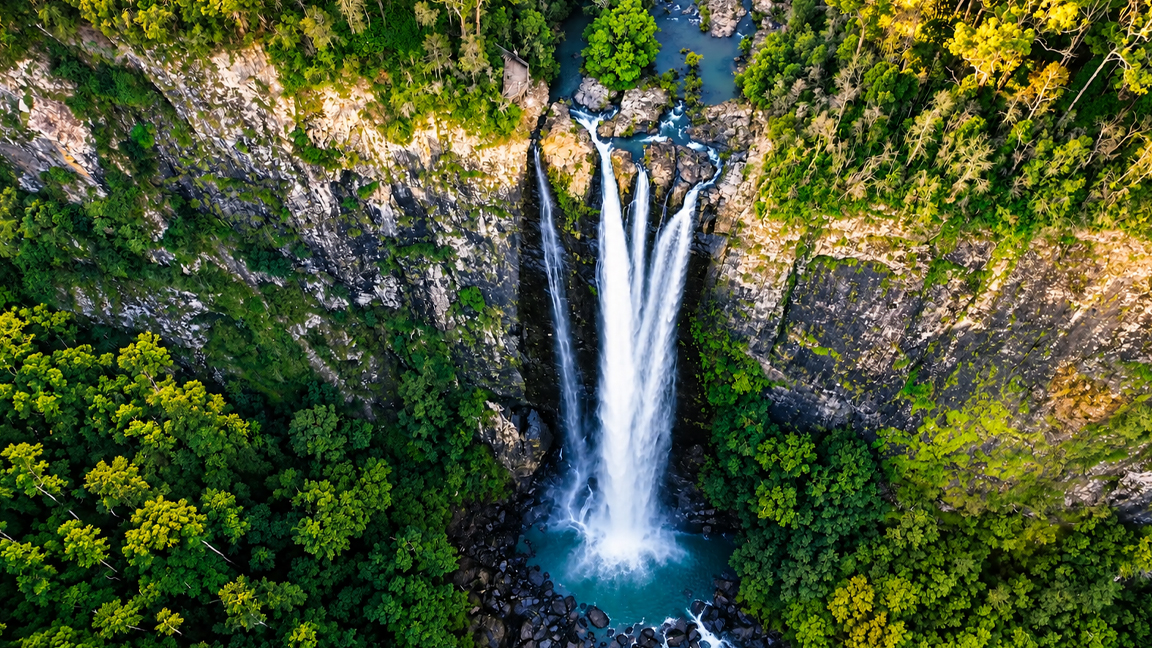 Majestic waterfall plunging into a hidden turquoise pool in the rainforest