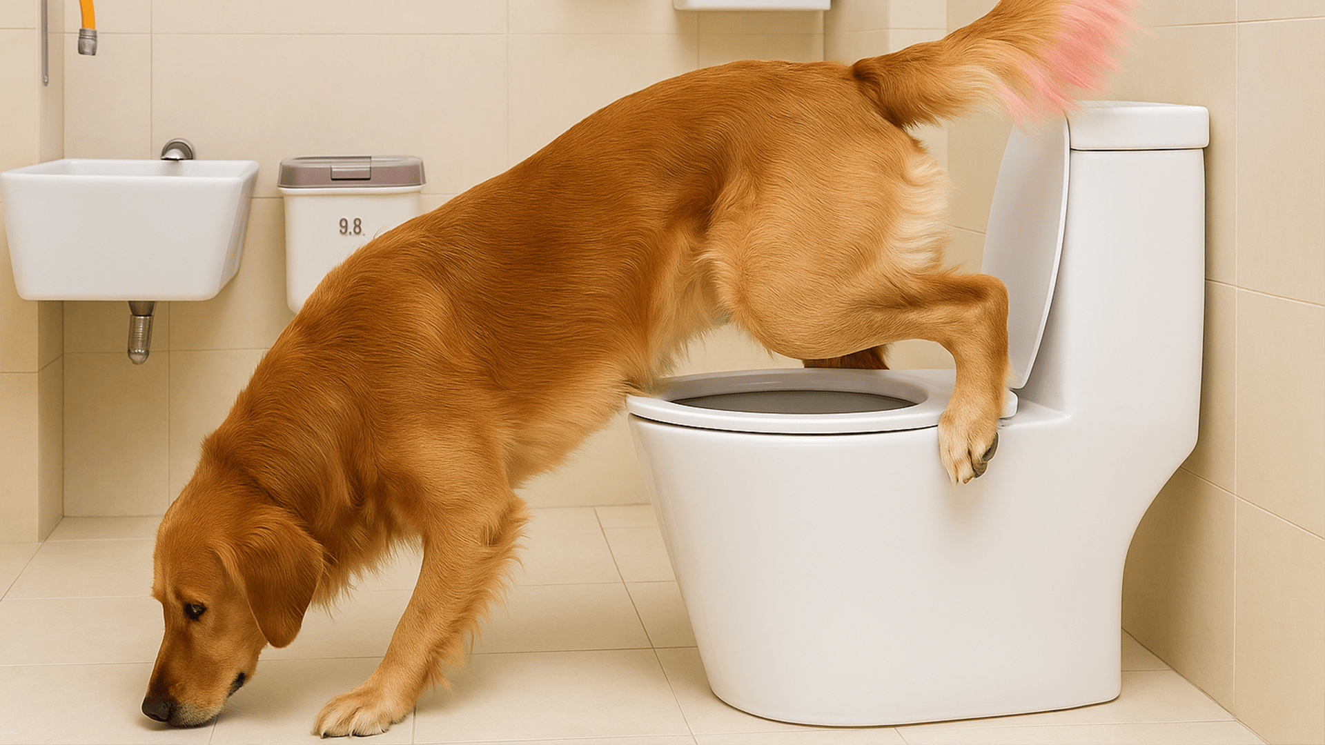 Golden retriever gets into an awkward bathroom situation