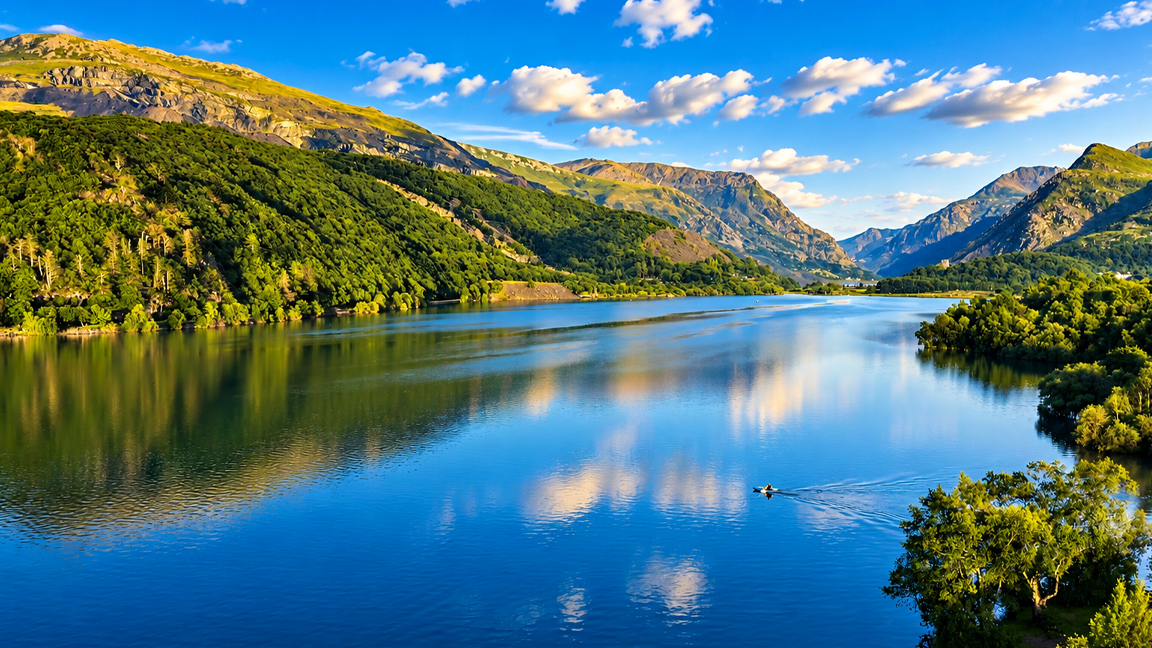 Peaceful mountain lake surrounded by lush green forests and majestic peaks
