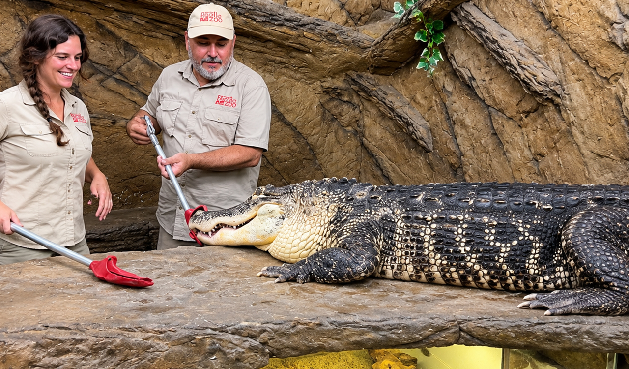 Giant alligator climbs out of the water to devour a seafood feast