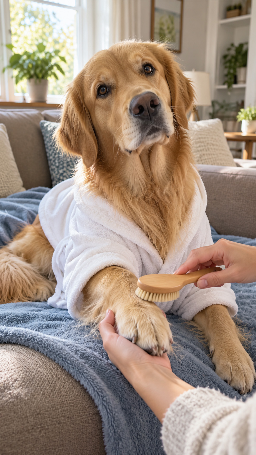 Golden retriever acts like he owns the spa