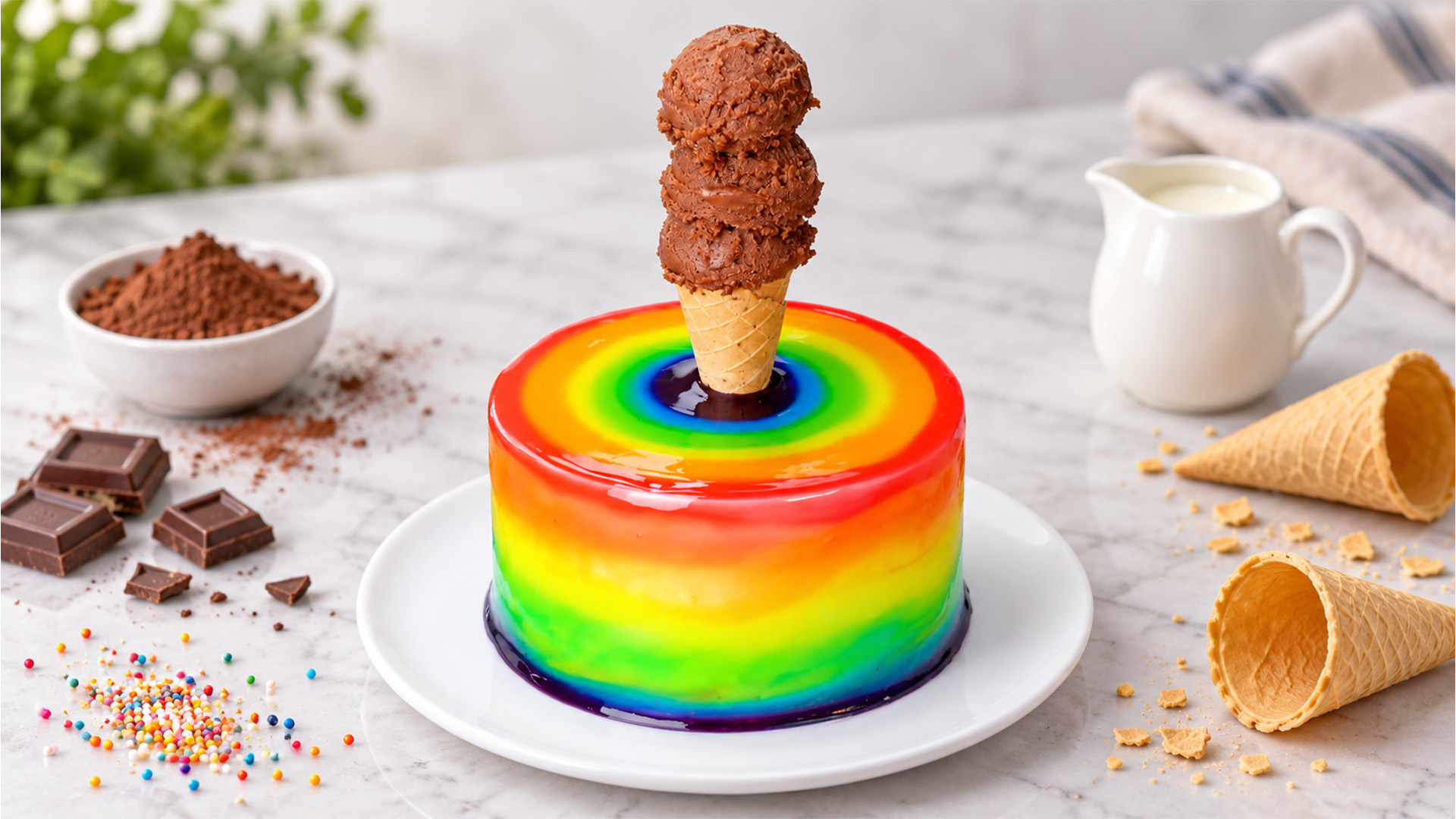 Rainbow glaze cake with chocolate ice cream cone