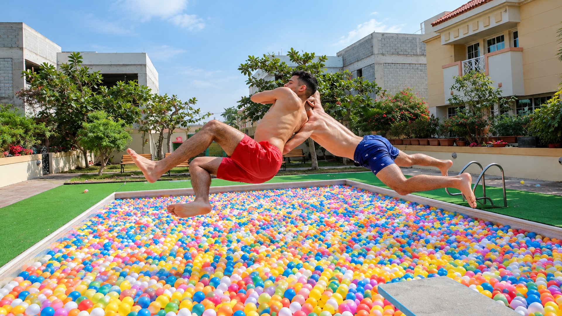 WWE finishers recreated in a giant ball pit