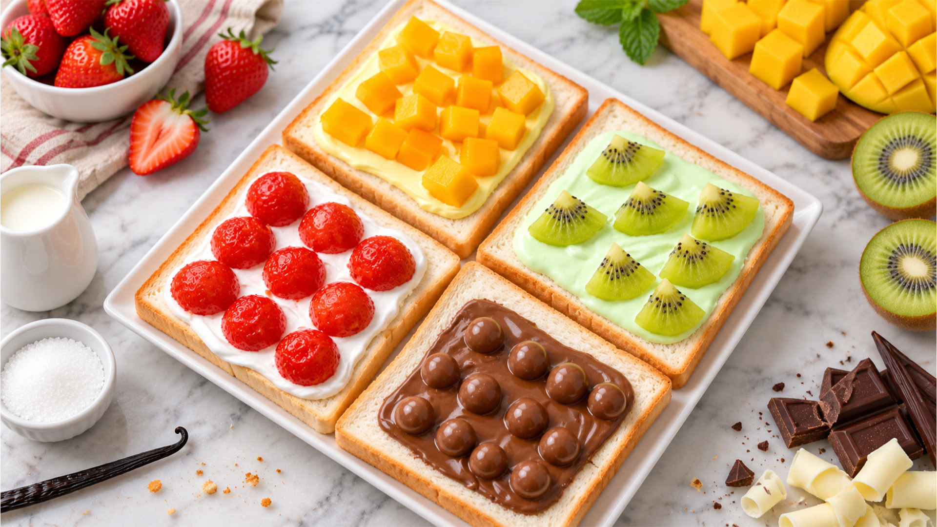 Four fruit and chocolate cream toasts