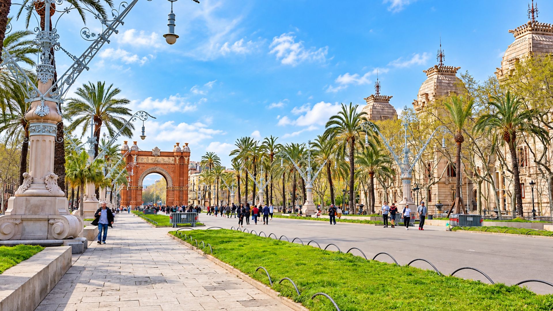 A palm-lined walk toward Barcelona's famous Arc de Triomf (4K)