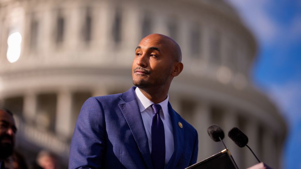 Rep. Shomari Figures (D-Alabama), joined by fellow House Democrats, pauses while speaking on the House steps on November 12, 2025 in Washington, DC. - Andrew Harnik/Getty Images