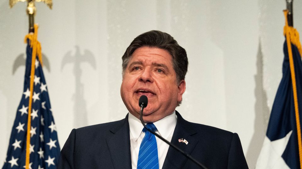 Illinois Gov. JB Pritzker speaks at a Texas Democratic Party press conference ahead of the Republican National Convention on September 9 in Dallas. - Gabriela Passos/AP