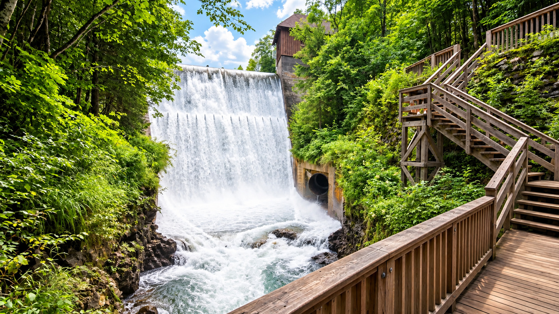 A wooden path meets powerful water at Sigmund Thun Klamm (4K)