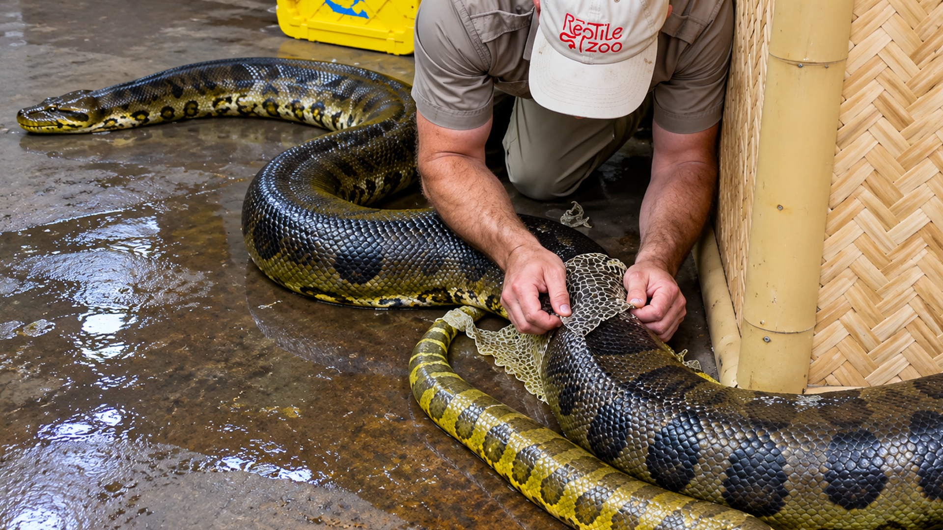 Giant boa shedding care helps a massive constrictor peel old skin