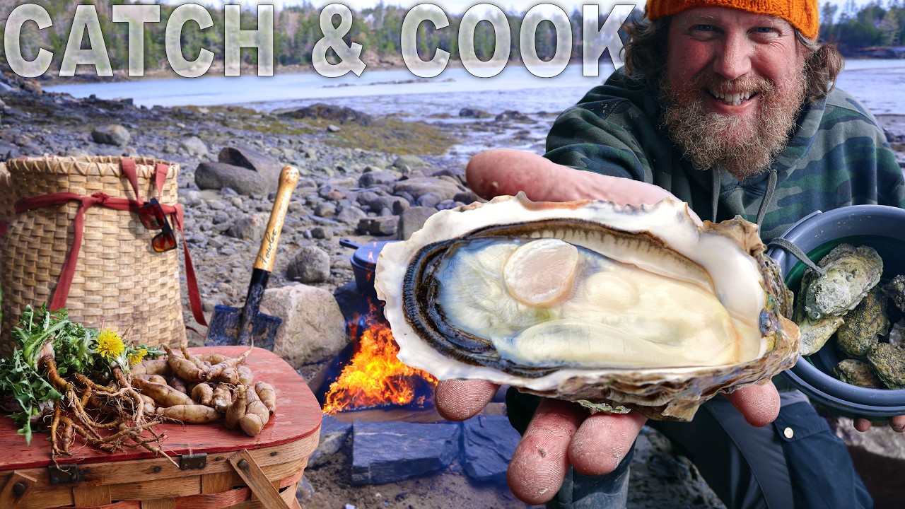 Wild Maine oyster Rockefeller catch clean & cook on the beach