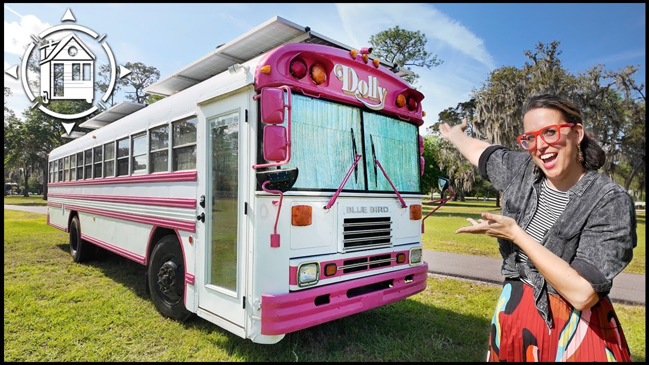 Inside a school bus transformed into a stylish home