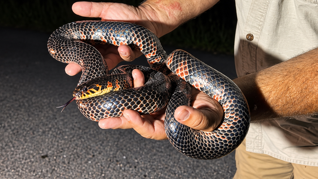 Giant mud snake makes surprising roadside appearance