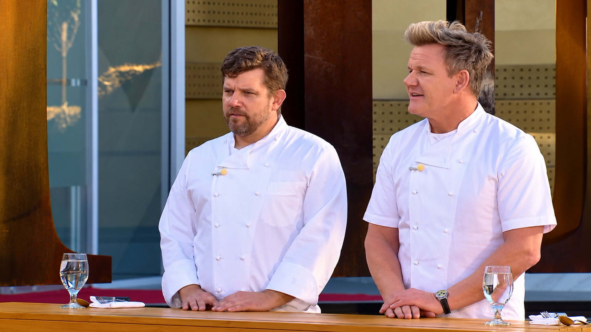 Chef Ramsay and Ben Ford judge the cook on wood challenge