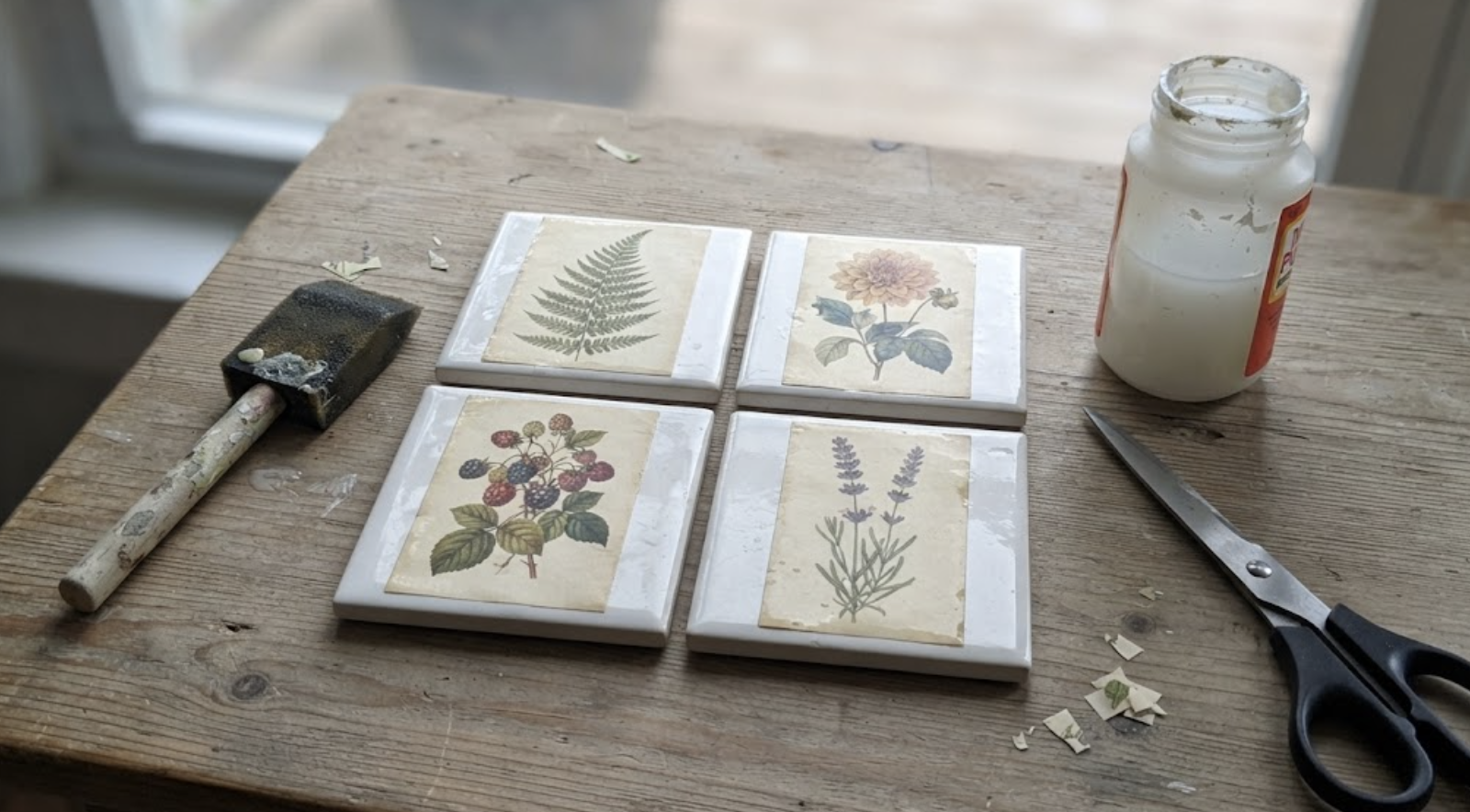 How to make vintage botanical ceramic tile coasters using scrapbook paper