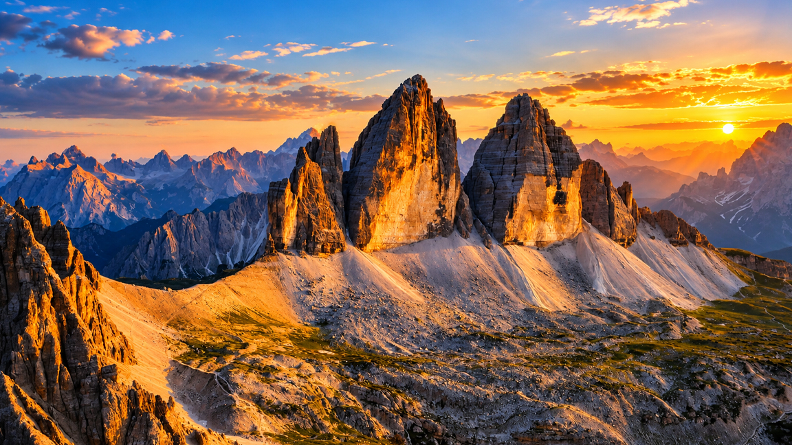 Tre Cime di Lavaredo glowing in the golden sunset of the Italian Dolomites