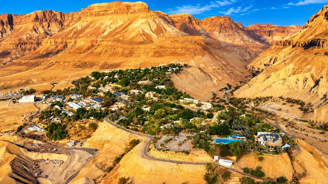 Hidden green oasis surrounded by towering golden desert mountains
