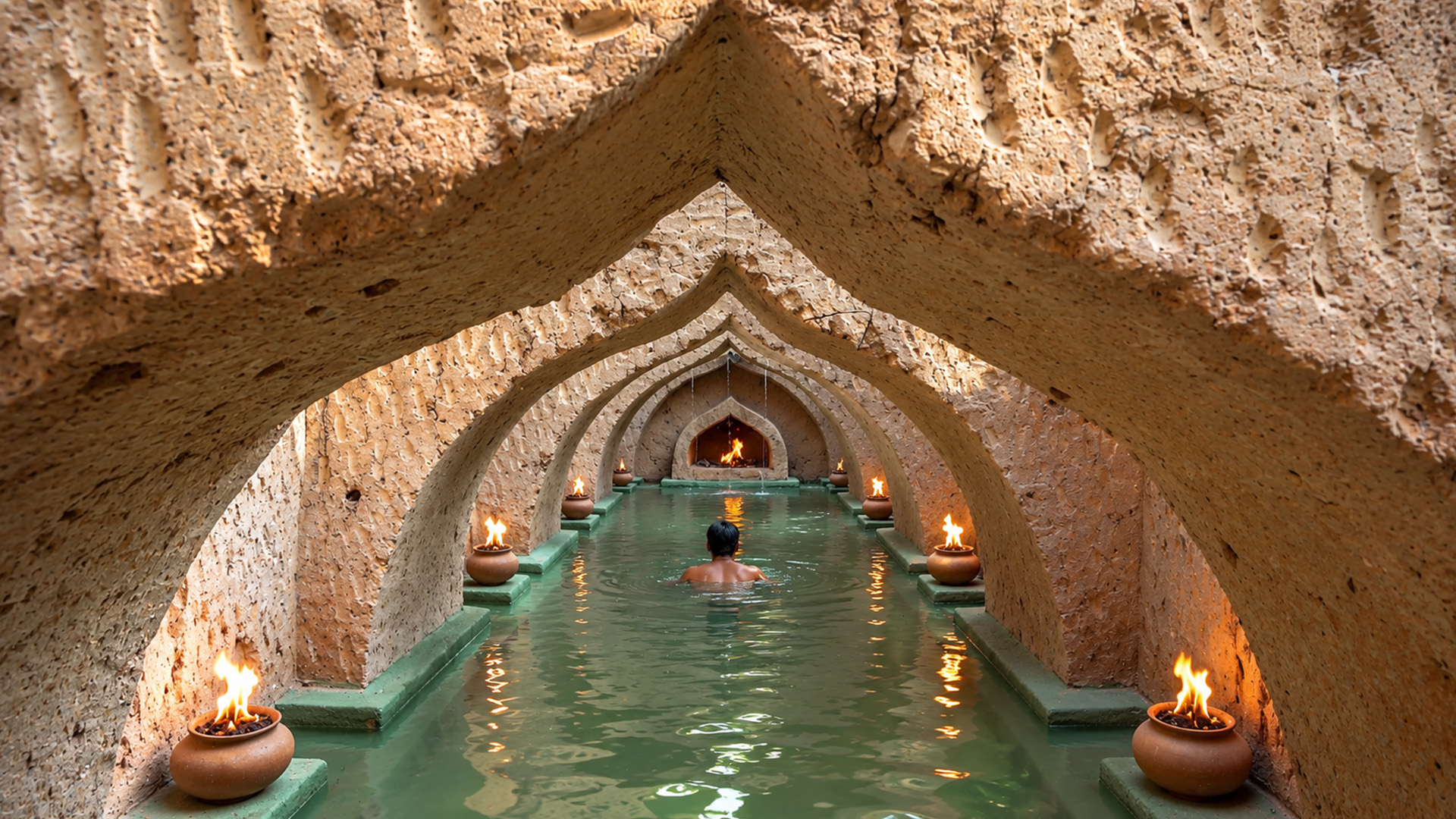 Hidden water tunnels run beneath this bamboo pool house