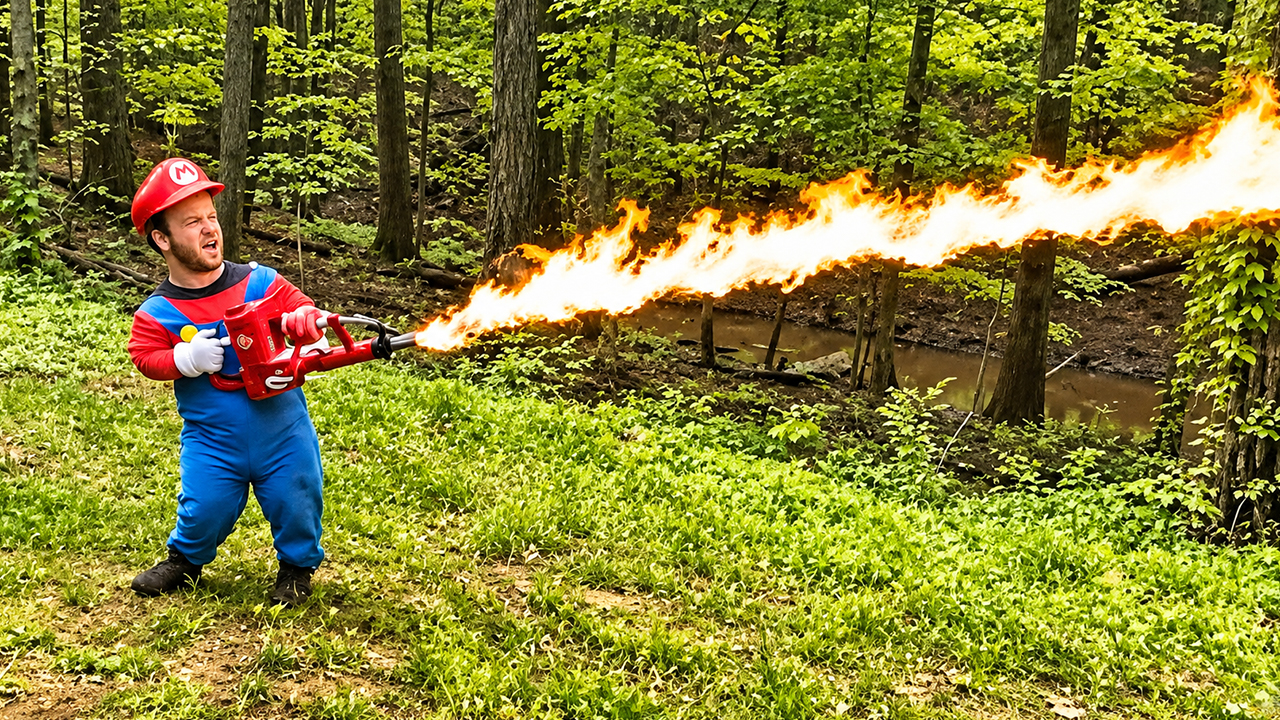 Real life Mario brings a flamethrower to a wild comedy stunt