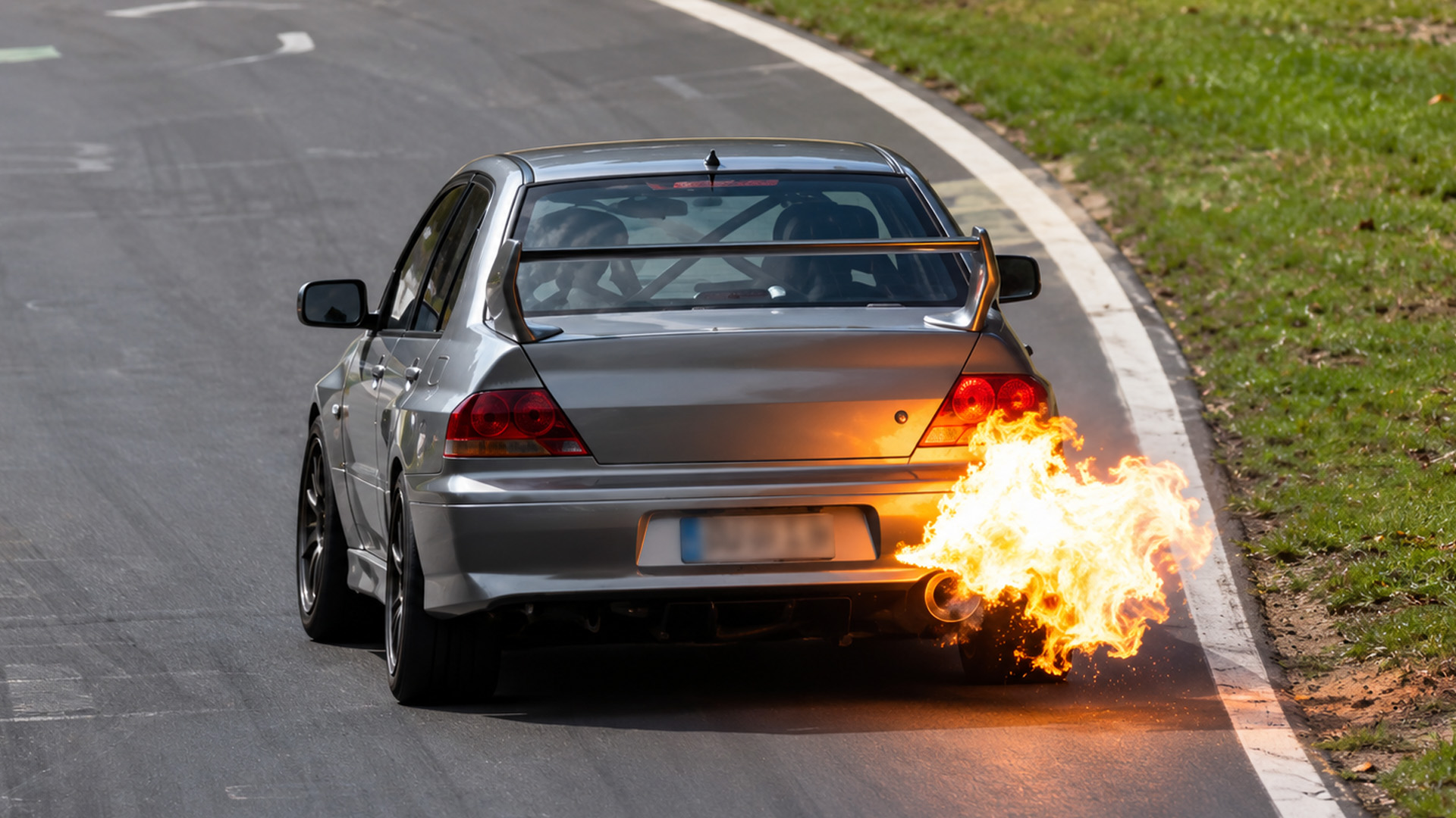Mitsubishi Evo spits flames under hard Nürburgring acceleration