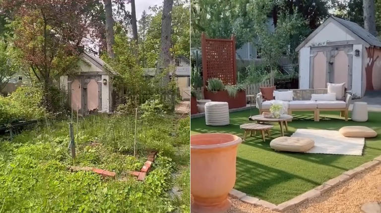 Woman Uses Home Depot Artificial Turf For A Backyard Makeover With An ...